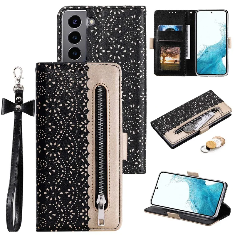 Luxury Lace Flower Zipper Wallet Case for Samsung Galaxy S23 S22 S21 S20 S10 A13 A14 A33 A53 A12 A22 A32 A52 Bow-knot Flip Cover