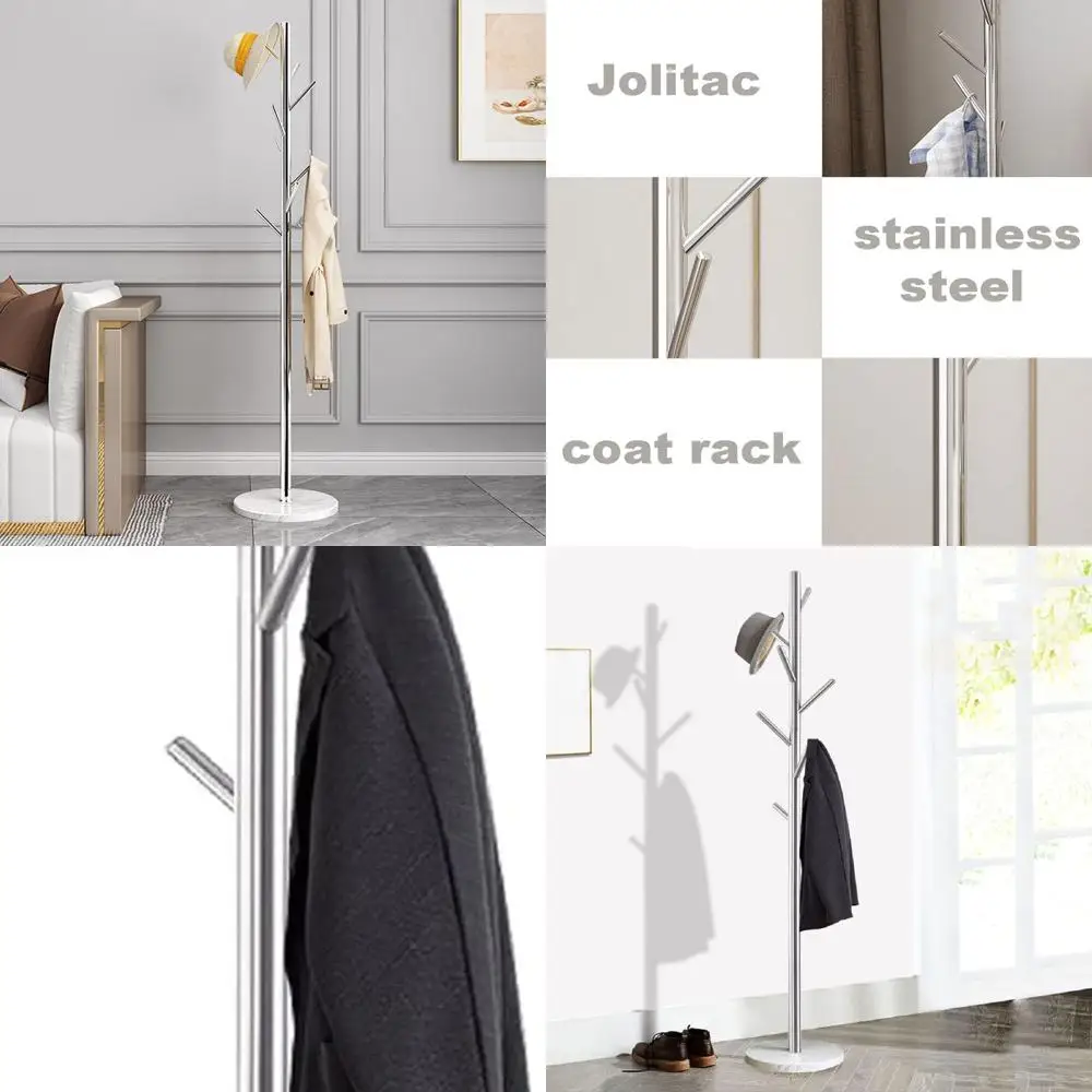 

Stable Marble Base Metal Coat Rack with Satin Steel Hooks, Freestanding Tree-Style Hanger for Hats & Coats, Easy Assembly, Bedro