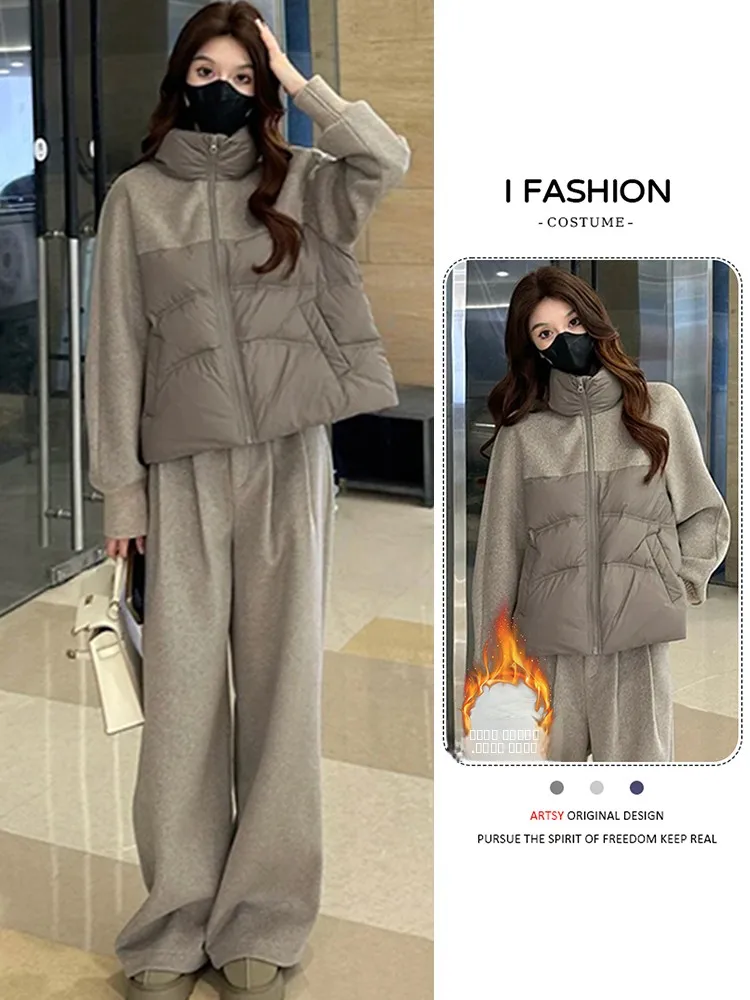 

Thiened Fce Warmth Outerwear Wide Leg Pants Two Piece Set Women Casual Spor Faionable Winter New Arrival