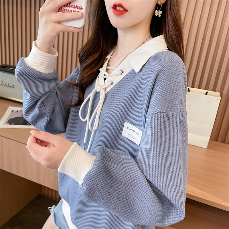 Early Autumn Waffle Sweatershirt Women Spring Autumn Korean Loose Thin Polo Top Fake Two Piece Top Coat Splice Casual Pullover