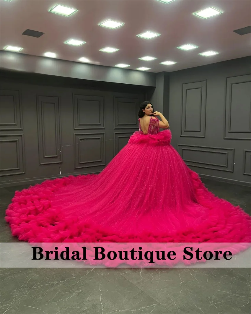 Fuchsia Puffy Beaded Quinceanera Dress 2024 Off Shoulder Princess Crystals Ruffles Beads Tassels Vestidos De 15 Quinceañera