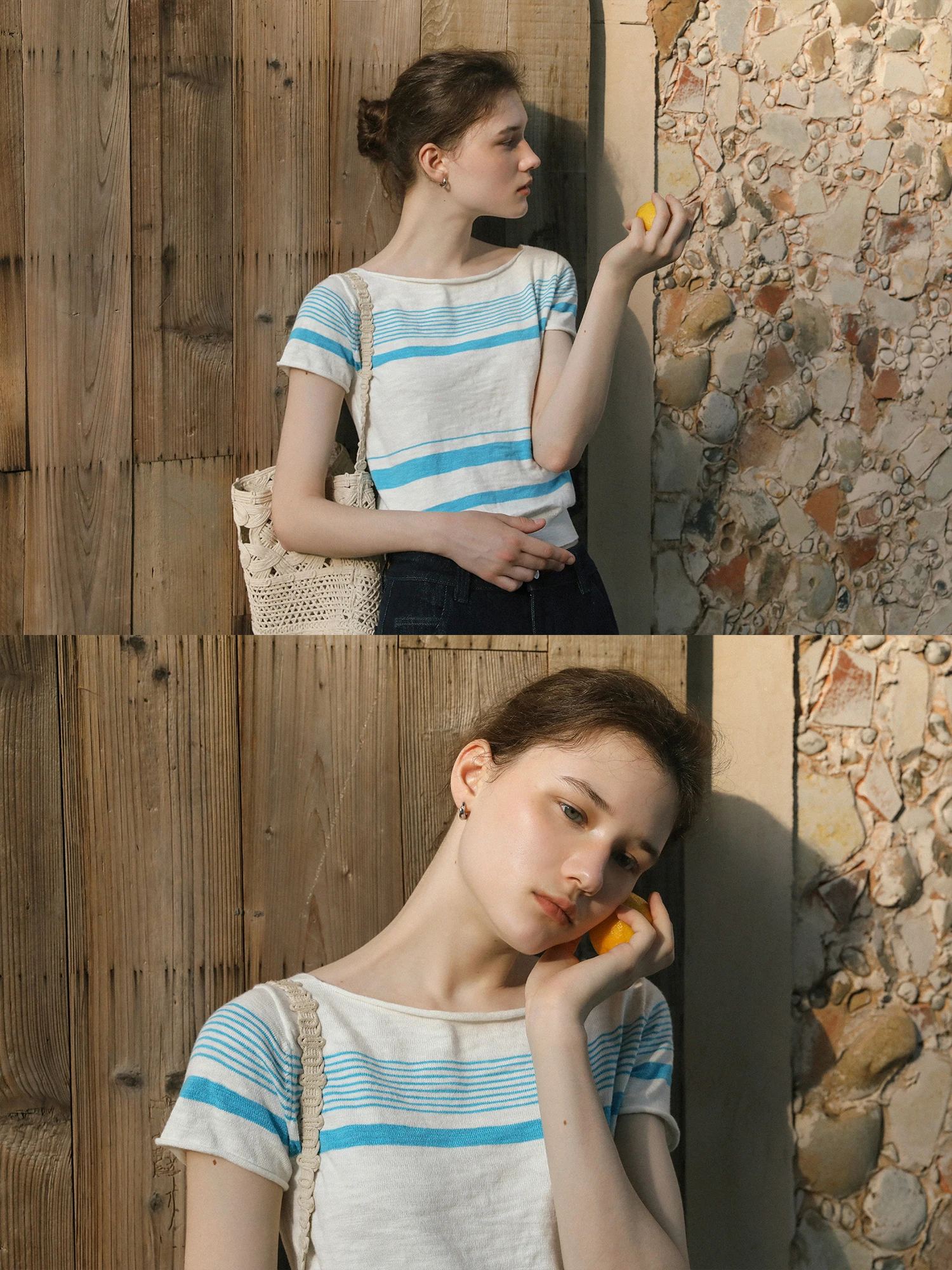 LLANO Breton Boat Neck Short Knitted Top Women Cotton Blend Ultra Thin Summer Fashion Cleanfit Stripe Pattern Knitwear
