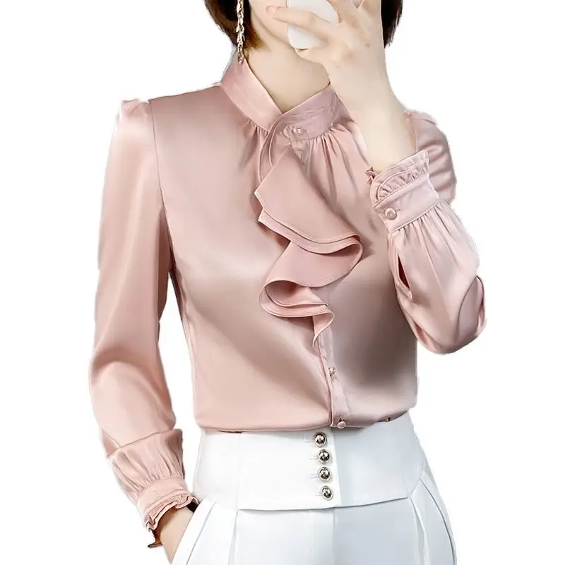 Solid Color Drape Fashion Interior Lapping Ladies Elegant Long Sleeve Women\'s Clothing Spring Autumn Business Casual Blouses