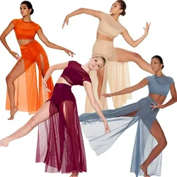 Top corto de baile moderno para mujer, pantalones de pierna ancha con maletero de Lycra adjunto, trajes líricos de 2 piezas, ropa contemporánea