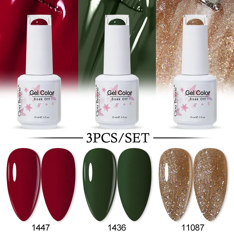 Clou Beaute 15ML 3pcs Christmas Color Scheme Gel Polish Set Glitter Translucent Soak Off Fluorescence LED UV Hybrid For Manicure