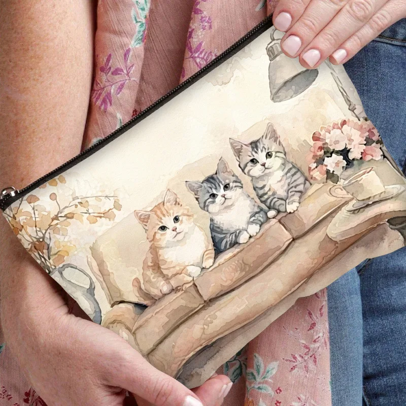 Watercolor Cute Kittens Sofa Print Makeup Bag Floral Cat Art Canvas Zipper Cosmetic Pouch Portable Travel Storage Bag