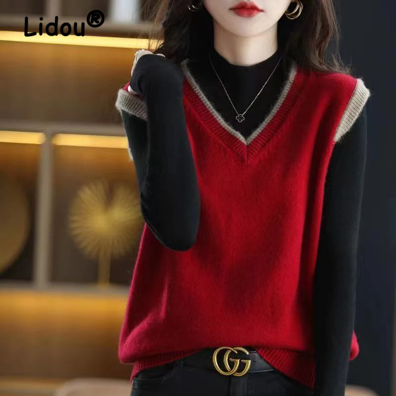 Korean Style Sweater Vest Women Elegant Fashion All-match StreetWear Spring New Female Clothing Leisure Knitting V Neck Pullover