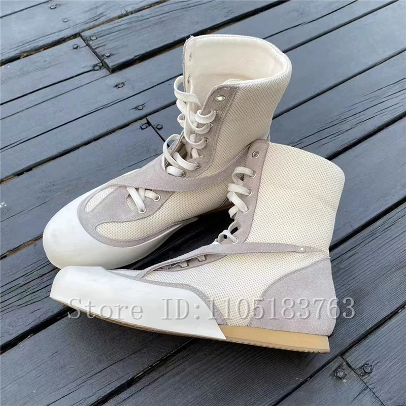 Fashion Men Mid Calf High Top Sneaker Boots Breathable Mesh & Suede Splicing Lace Up Flat Sole Casual Shoes for Daily Streetwear