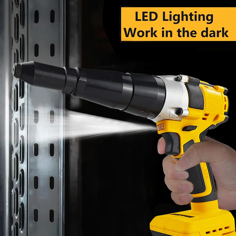 Brushless Electric Rivet Gun 2.4mm-4.8mm Automatic Riveter Rivet Hand Tool with LED Light for Dewalt 20V Battery (No Battery)