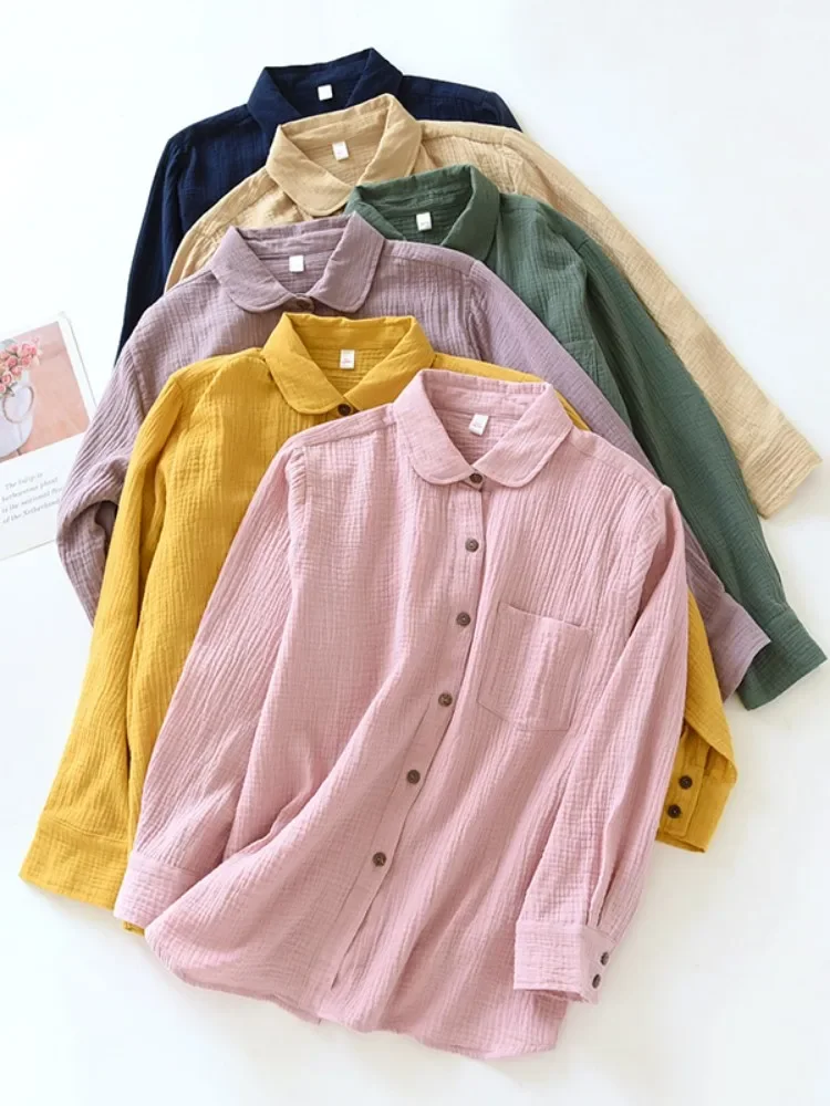 Retro 100% Bawełna Koszula Damska Top Moda 2024 Casual Turn Down Kołnierzyk Długi Rękaw Bluzka Niebieskie Koszule Blusas Mujer EnvíO Gratis