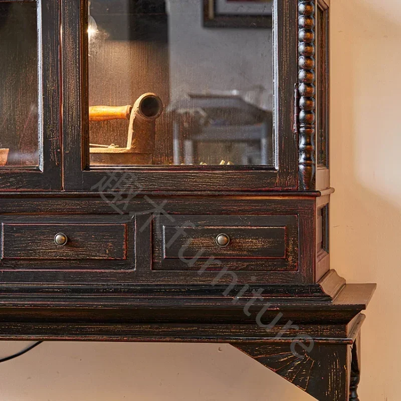 TTT Glass display cabinet French retro solid wood dining side cabinet villa living room high-end study bookcase