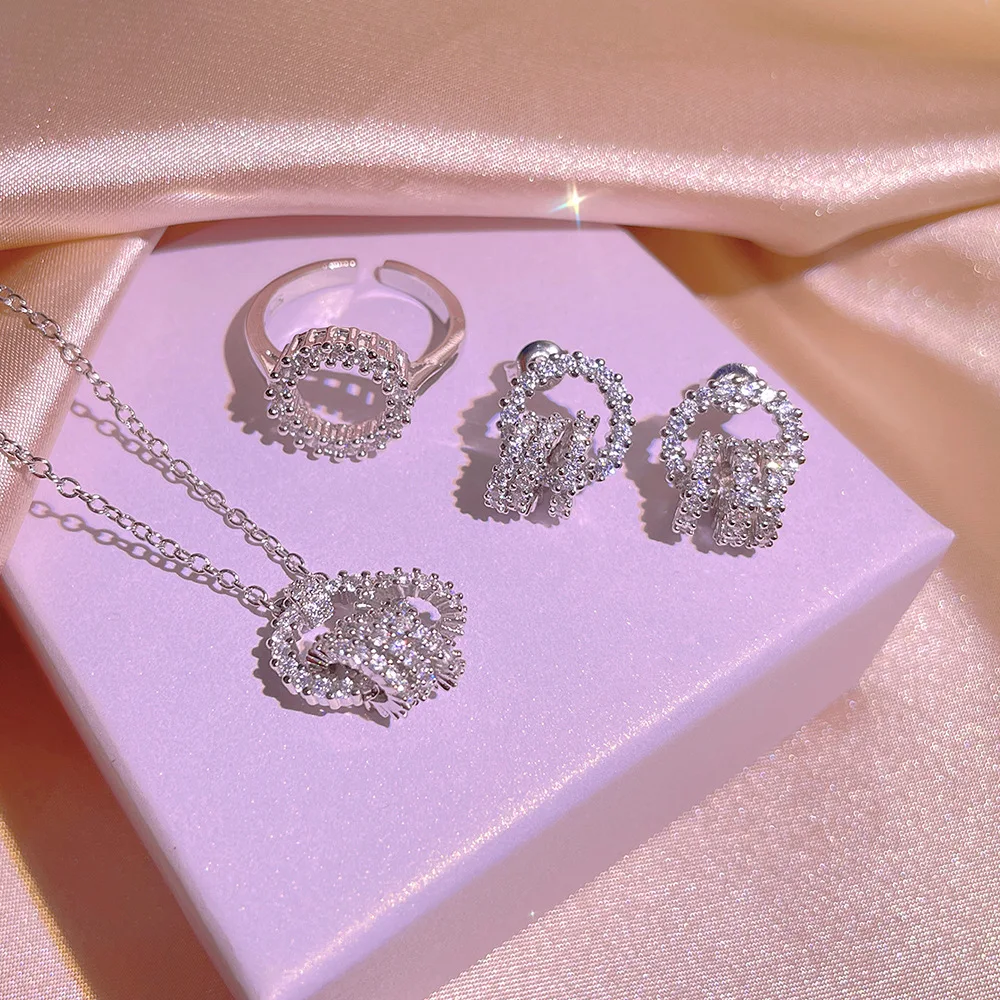 925 Stamp Fashion Celebrity Sparkling Zircon Three Piece Interlocking Jewelry Set Ladies Party Birthday Jewelry Gift