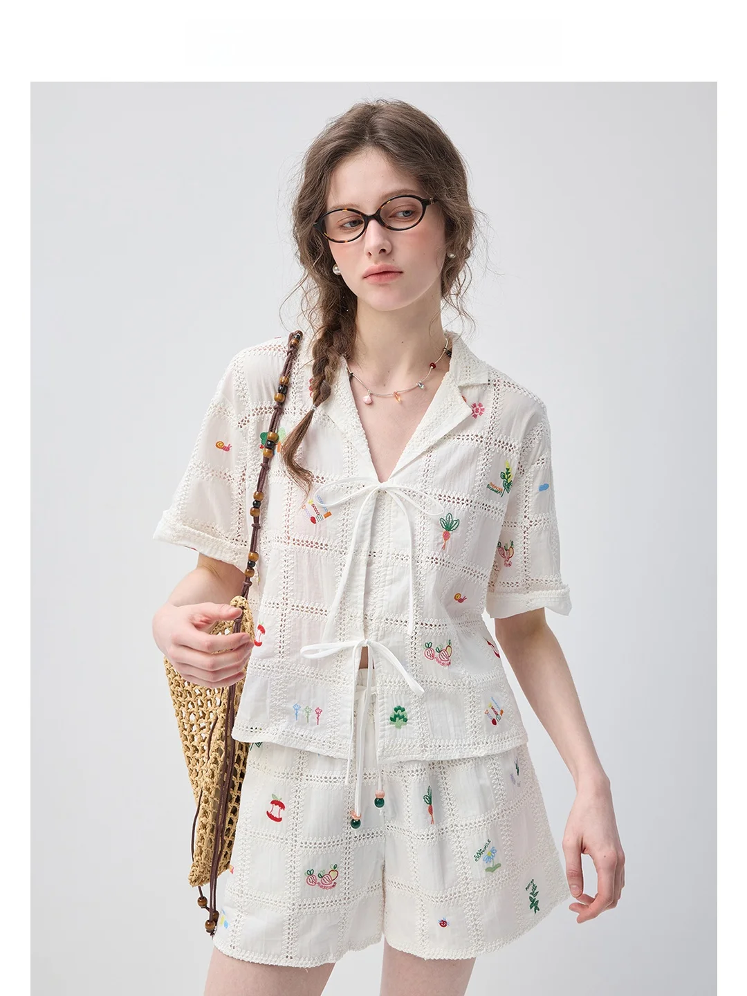 

Vega Chang Pure Cotton Shirt Set with Embroidery And Belt Summer Fashion Women's Short Sleeve Shirt And Shorts