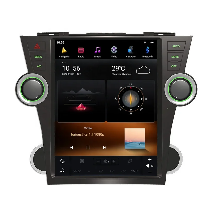 راديو سيارة 12.1 بوصة يعمل بنظام أندرويد 11 لسيارة تويوتا هايلاندر 2007-2012 نظام ملاحة GPS مع Carplay Dsp 4G Google Play