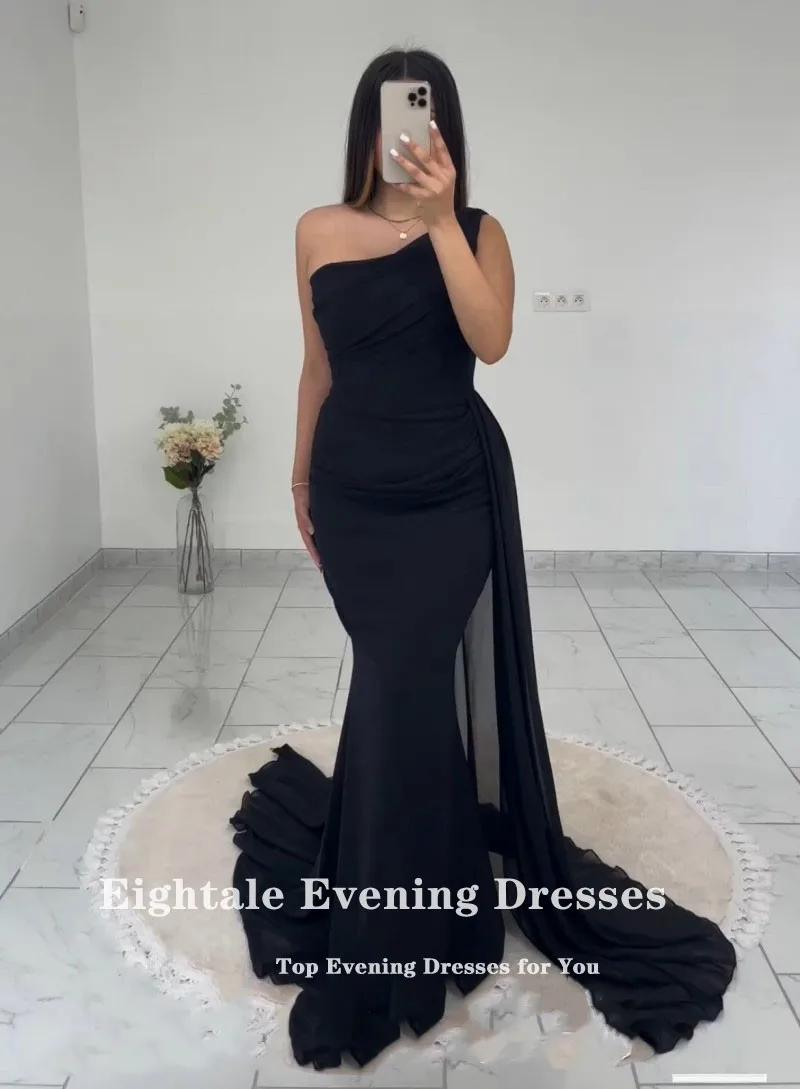 Eightale-vestido De noche plisado De sirena, traje negro De un hombro, hecho a medida, De gasa, para fiesta De boda