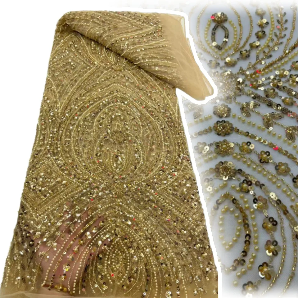 2025 African Peach Beaded Mesh Lace Fabric Embroidery Sequins French Tulle Lace for Nigerian Wedding Party Dress 5 Yards TP1458