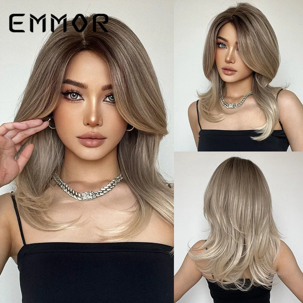 European American Fashion Ombre Wig, Medium Length Slightly Curly Hair with French Side Bangs & Flip Out Ends