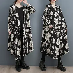 Oversized Trench Coat Dress for Women | Hooded Printed Windbreaker | Korean Fashion Loose Mid-Length Jacket Spring Autumn z3182