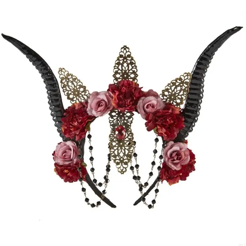 

M6CC Sheep Horn Gothic Headband Steampunk Devil Horns Rose Flowers Decorations for Halloween Photo Props