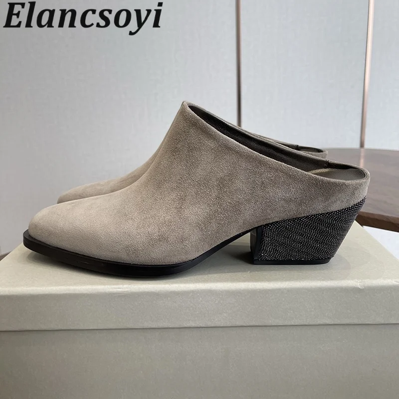 Half Slipper Autumn Winter String Bead Decor Square Heels Closed Toe Slippers Women Square Toe Genuine Leather Retro Mules