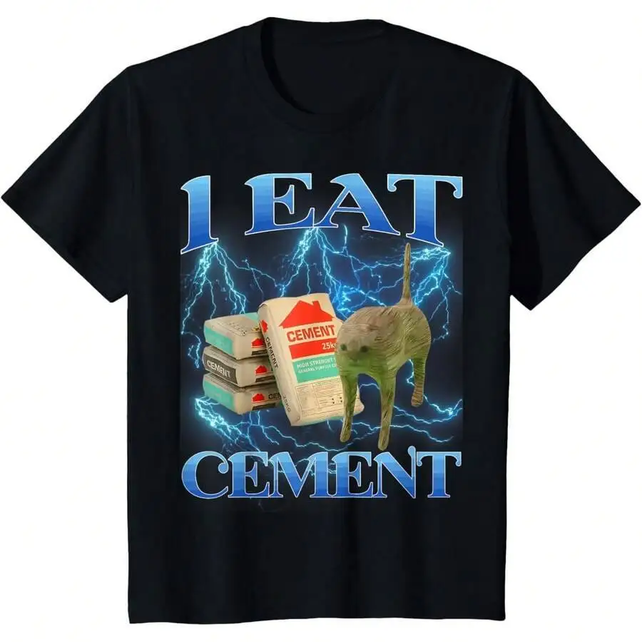 I Eat Cement Cat Meme Internet Funny Memes Gen-Z T-Shirt 100% Cotton Trendy Y2K Short-Sleeve Tee – Soft, Quick-Drying, &