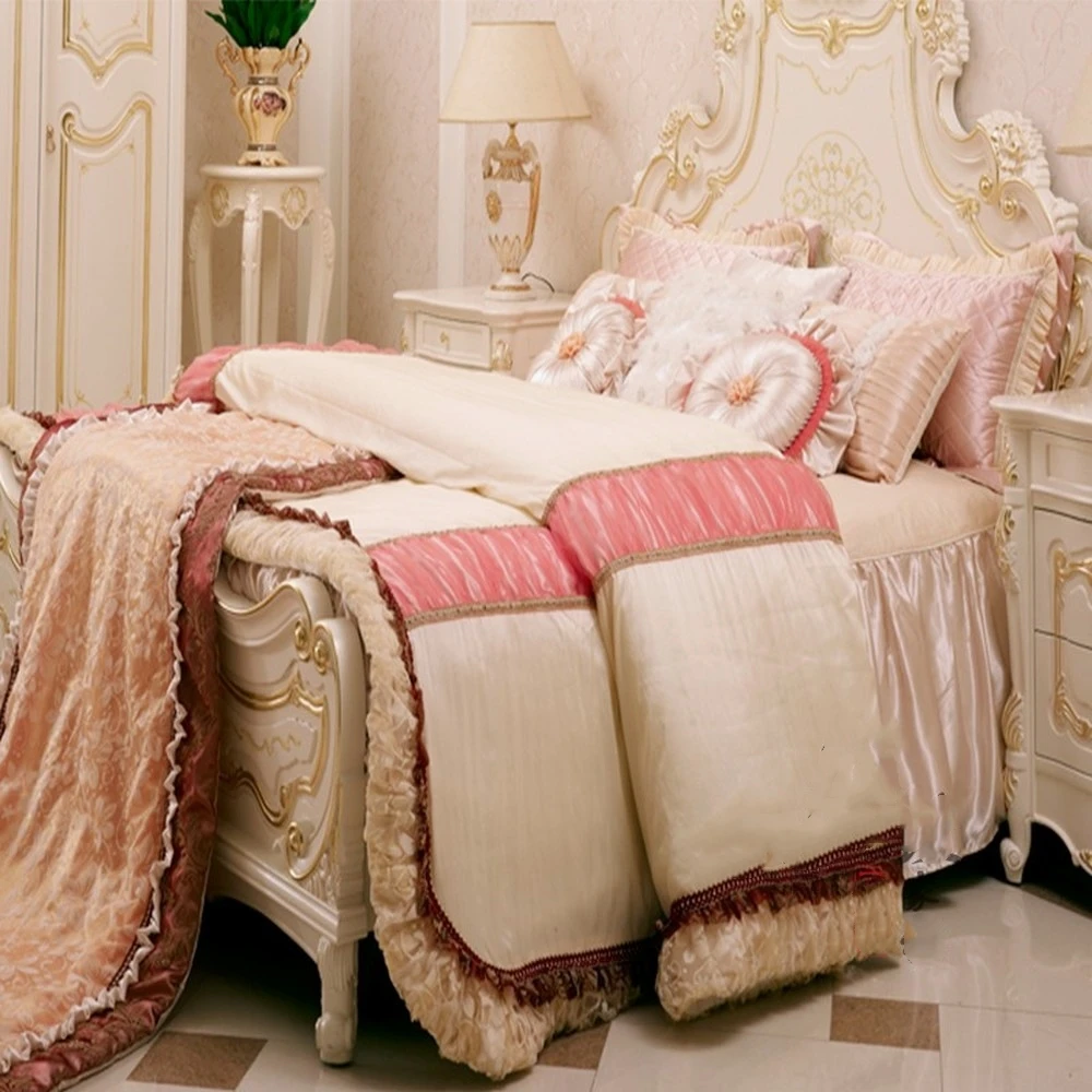 European Luxurious Pink Princess Bedroom Bedding Kit Classical Duvet Cover Bed Skirt Pillow Case Bed Ten-Piece Suit For Wedding