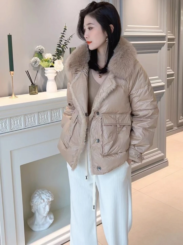 

2024 Autumn Winter Women Fashion New Oversized Fox Fur Collar Spliced Mink Fur Trim Thickened Warm 90% White Duck Down Jacket