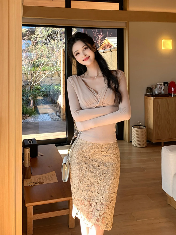 

Юбка-бодикон Linyner Design с ажурным узором из водорастворимого кружева, весенняя, облегающая, женская, модная