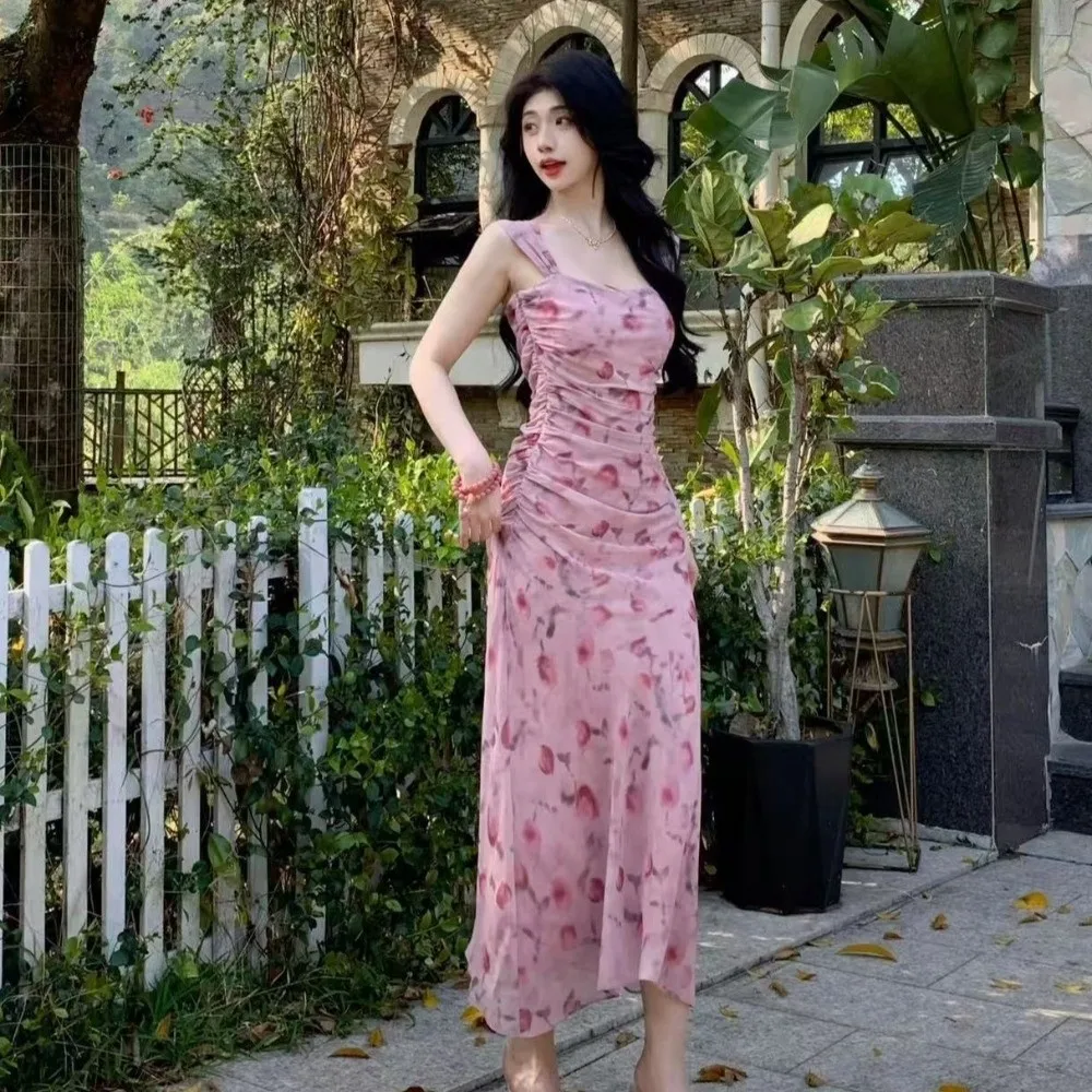 Slim Fit Floral Slim Long Dress Sleeveless Temperament Women Long Skirt Streetwear Spicy Girl Korean Camisole Dress Girls Gift