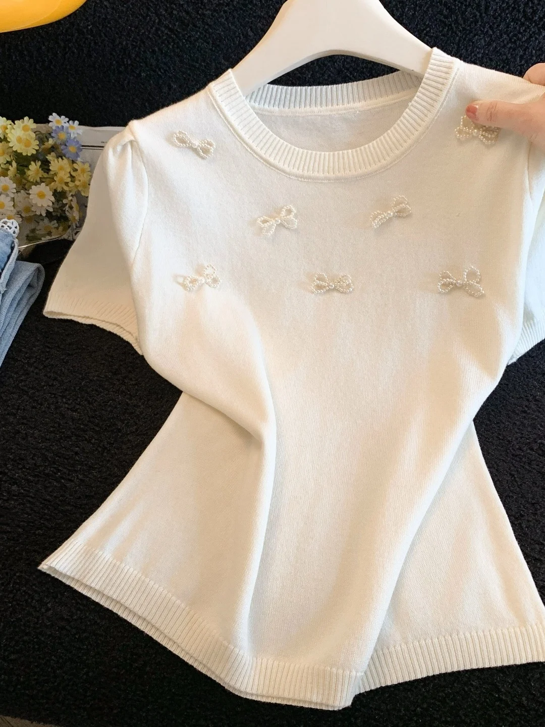 

Summer New Style Women's Short Sleeve T-Shirt Knitted Soft Wind Knot Top Slimming Trendy Ice Silk Polyester Blend