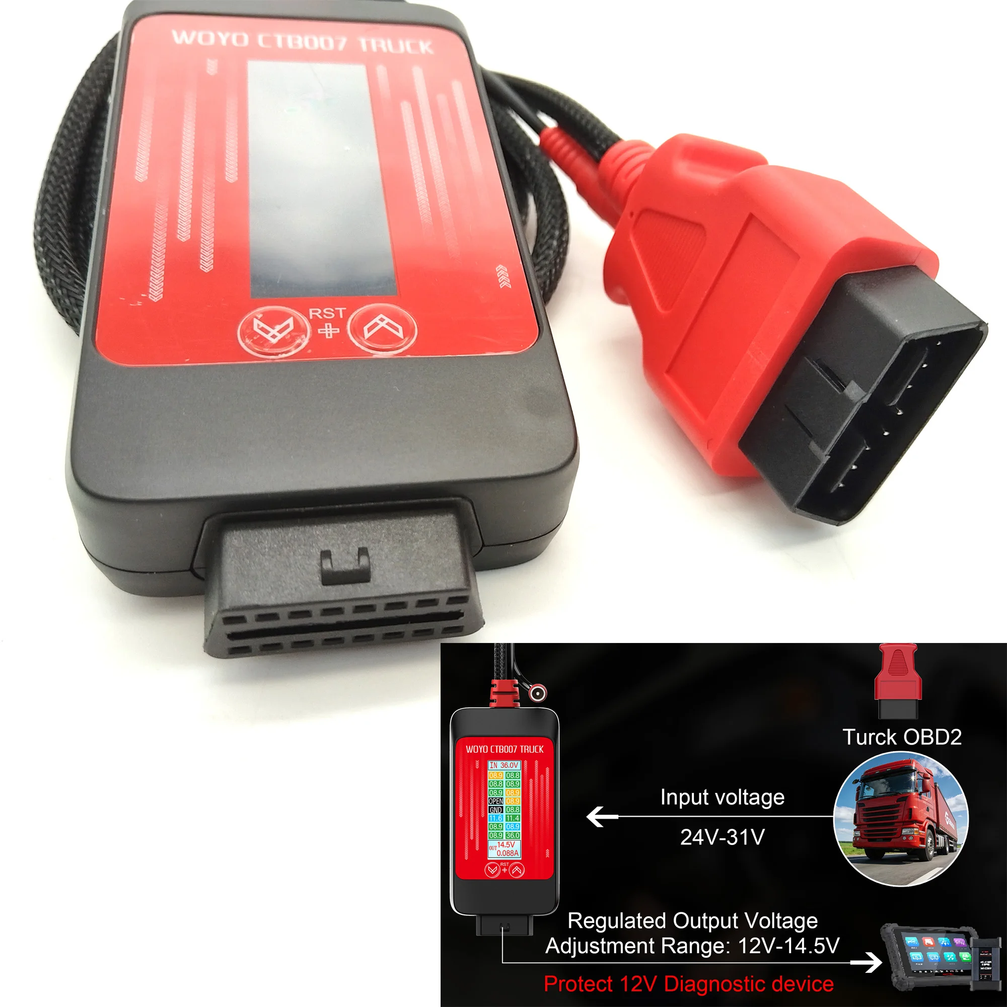 WOYO Regulated Output Voltage Converter 24V to 24V/12V-14.5V LCD Displays Vrms/ Load-Side Current CTB007 TRUCK OBD2 Breakout Box