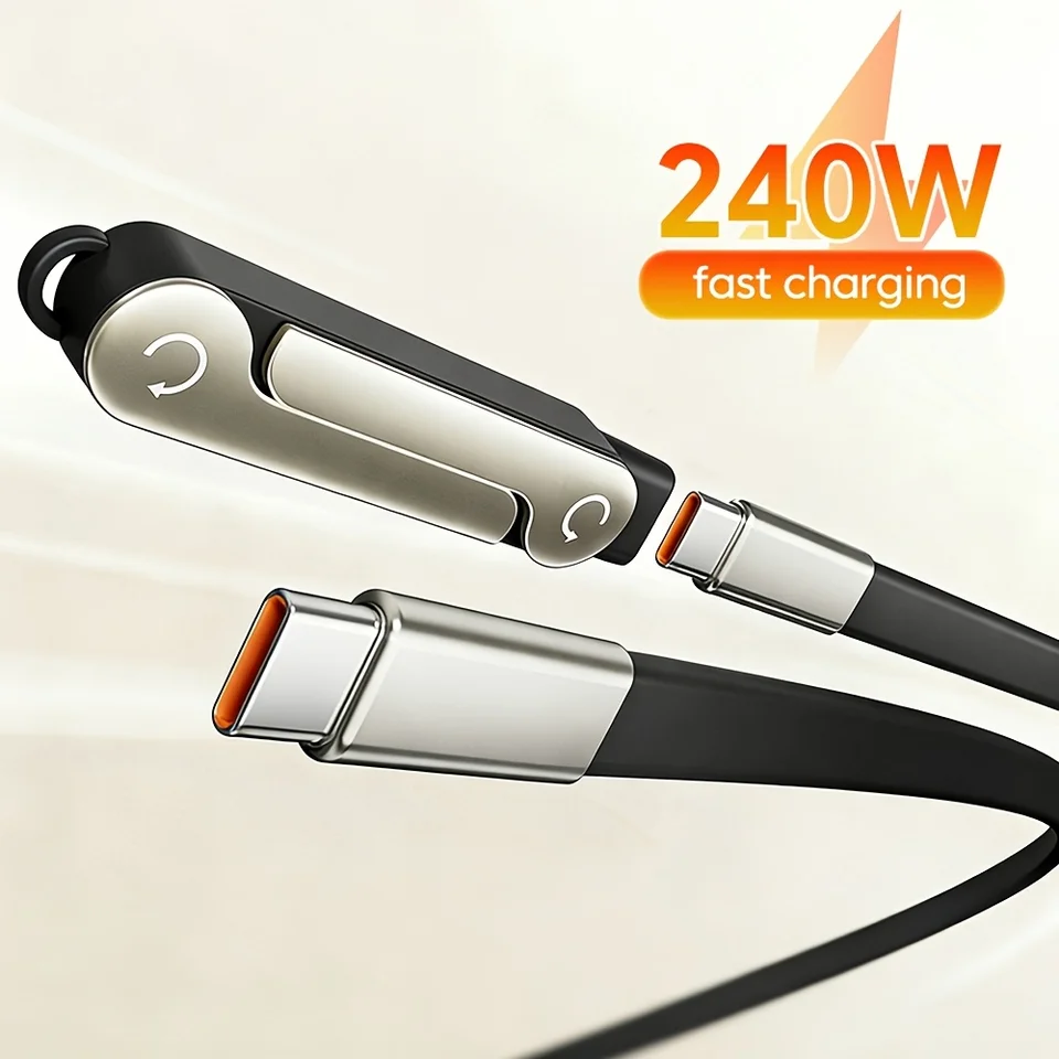 Cable de Datos Tipo C a Tipo C con Soporte Plegable para Teléfono y Tablet, Carga Rápida 240W 2 en 1 Negro/Naranja