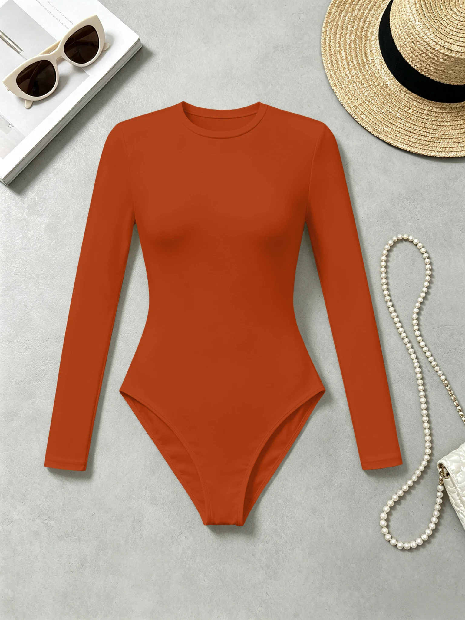 Damen-Bodysuit mit Rundhalsausschnitt und Langen Ärmeln, Schlanke Passform, Hochelastisch, Einfarbiger Casual-Jumpsuit für den Alltag – Detail 20