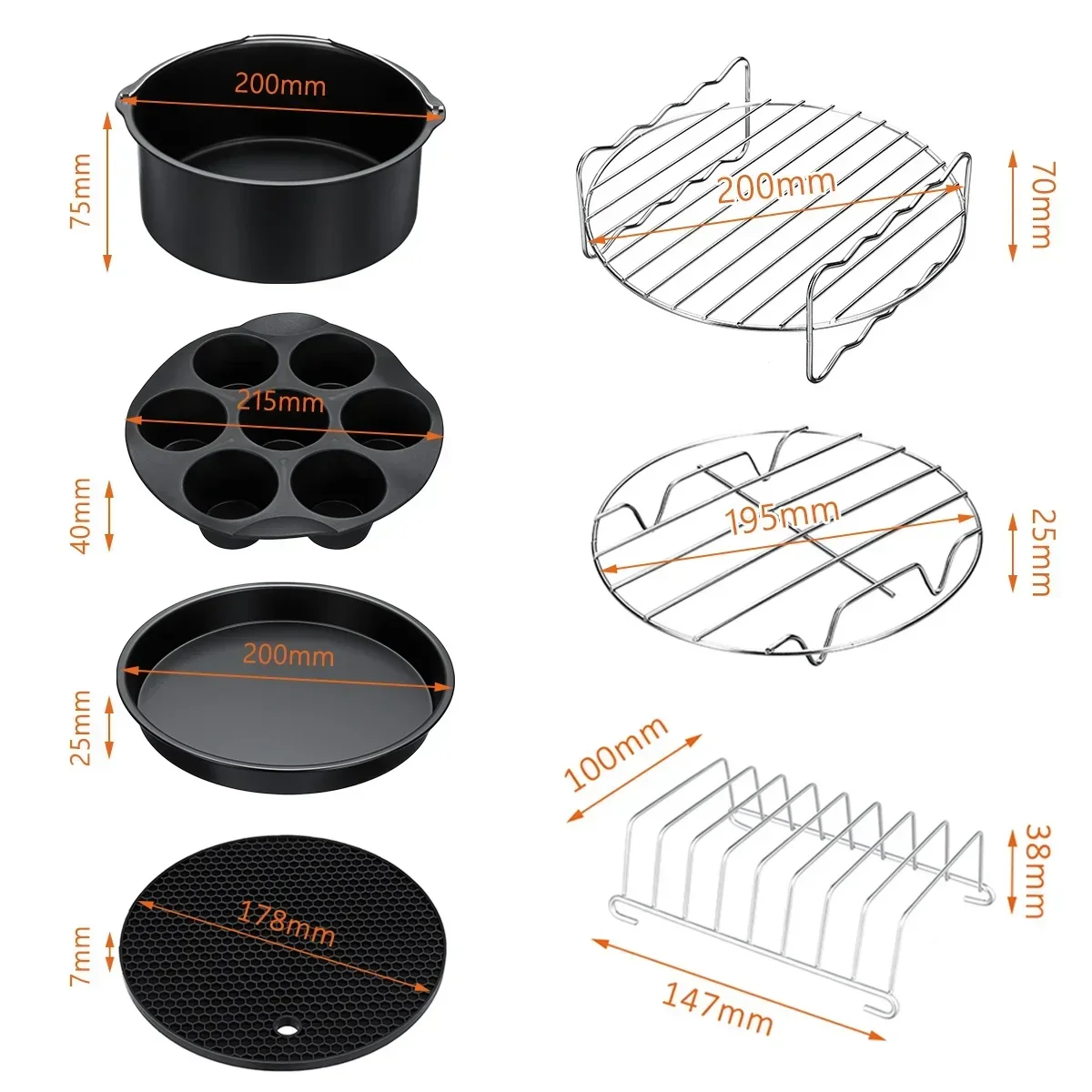 

8'' Silicone Deep Fryer Cake Barrel Pizza Pan Home Grill Cooking Tools For 5.2~5.8QT 7-in-1 Deep Fryer Accessories Set