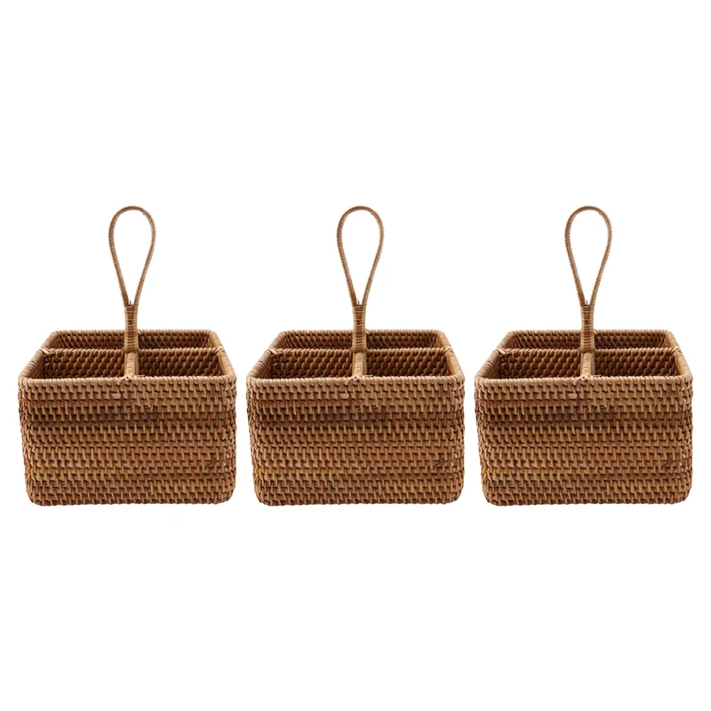 

3X Hand-Woven Wicker Straw Storage Basket Portable Four Compartment Classification Storage Fruit Basket Home Storage C