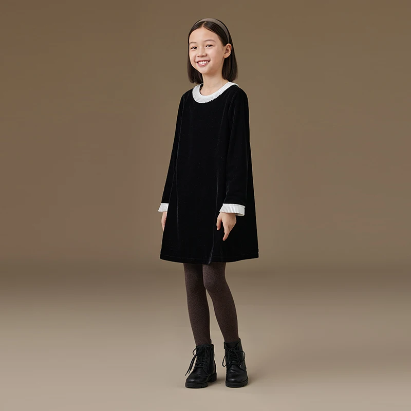 Female Child Clothes Fashion Girls Dresses Birthday 2024 Winter New French Hepburn Style Black Skirt Baby Contrast Lace Velvet