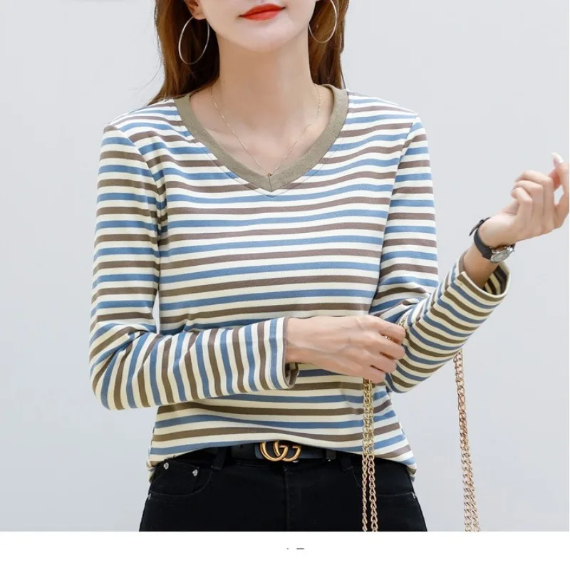 Spring Autumn Women\'s Pullover V-Neck Solid Striped Long Sleeve Undershirt Slim T-shirt Office Lady Elegant Fashion Casual Tops