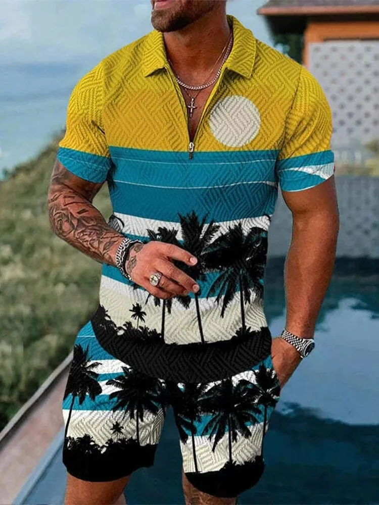 

Summer Trend Men's Sweatsuit set Hawaii Beach Elements 3D Print Zipper Collar Polo Shirt and Shorts 2pcs Set Casual Man Clothing
