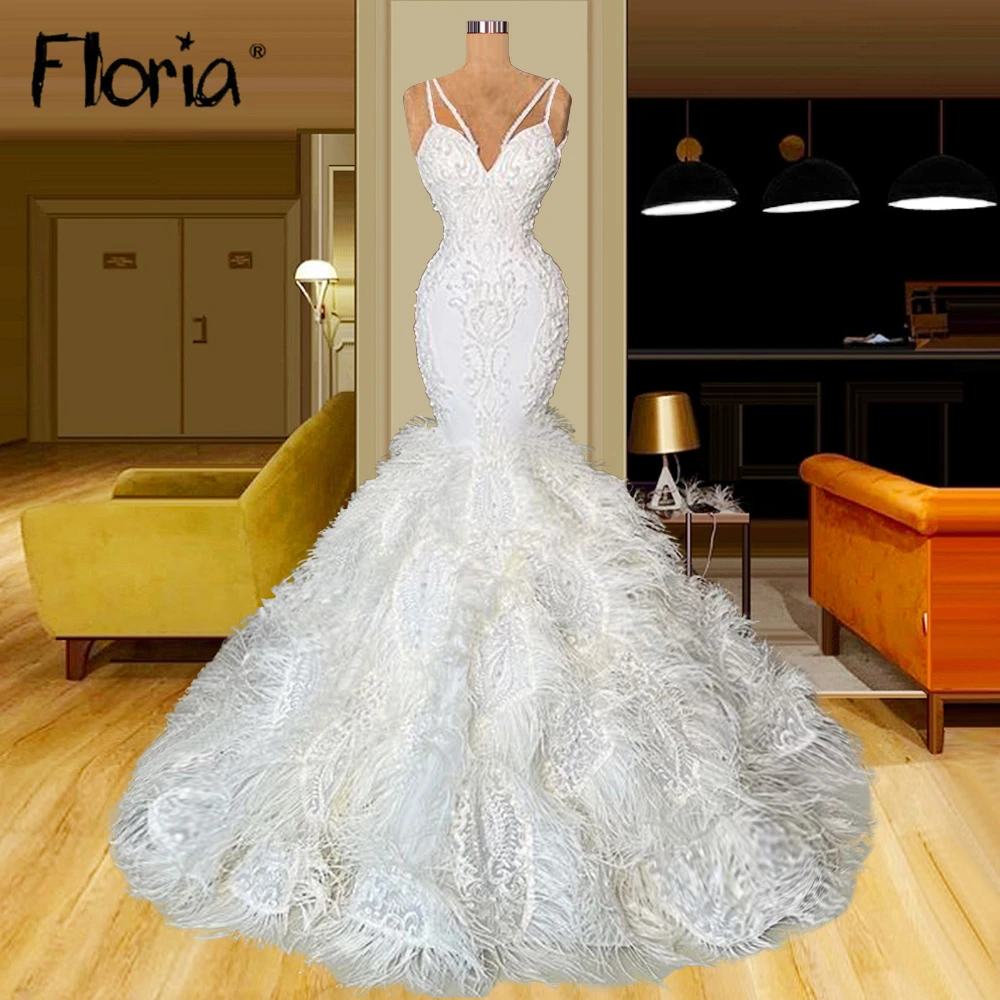 Gorgeous Feather Wedding Dress Newest Sleeveless Mermaid Long Bridal Gowns Chic Pearls Vestido De Novia Plus Size African