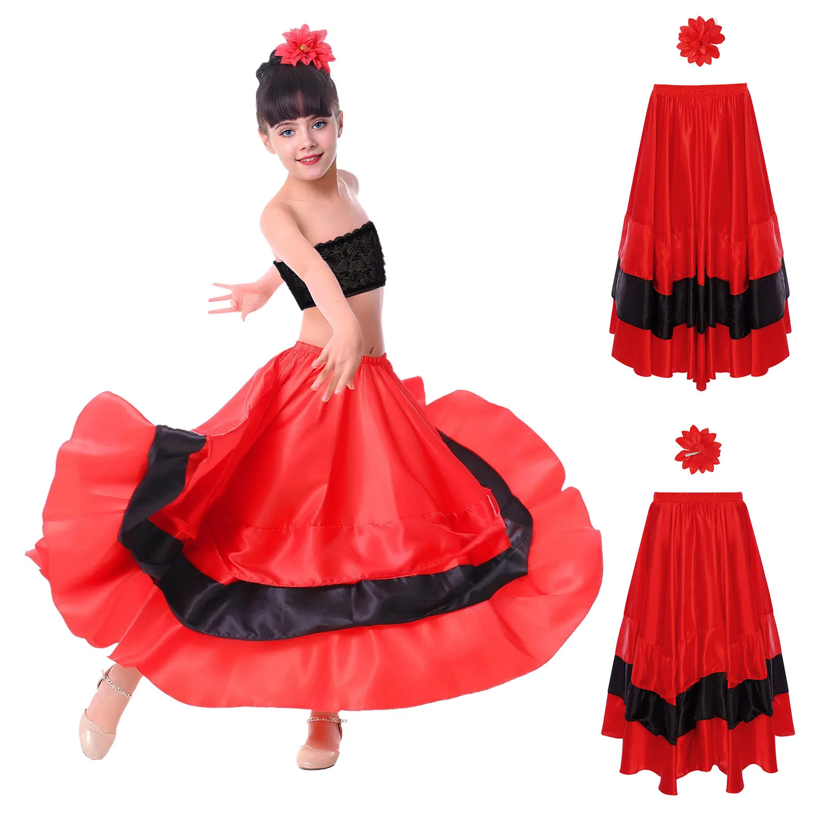 Strój do tańca dla dziewczynek: flamenco, tango hiszpańskie, taniec towarzyski, taniec latynoamerykański, koronkowy top tuba z falbanami i spódnicą w stylu korridy.