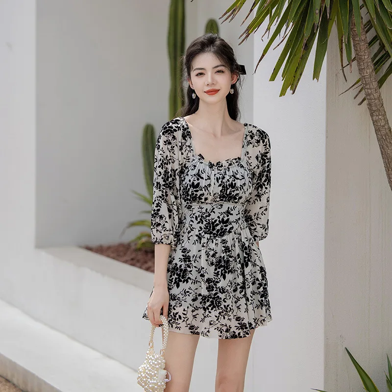 wisuworeOne Piece Swimsuit Women Floral Print Swimwear Skirt Bathing Suits Female Open Back Beach Hot Spring Swimsuit