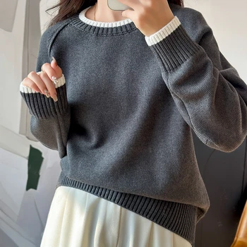 Autumn and Winter New 100% Cotton Women's Sweater Casual Color blocked Knitted Round Neck Pullover Loose Fashion Women's Top 2 Autumn and Winter New 100% Cotton Women's Sweater Casual Color blocked Knitted Round Neck Pullover Loose Fashion Women's Top 2