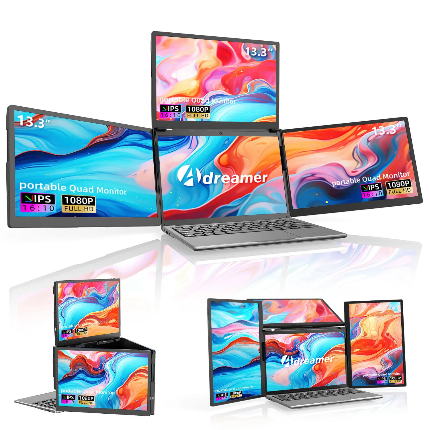 Laptop Expansion Screen One-Line Three-Screen LCD LED Backlit Portable Monitor 16:10 Aspect Ratio 280cd/m Brightness 20ms