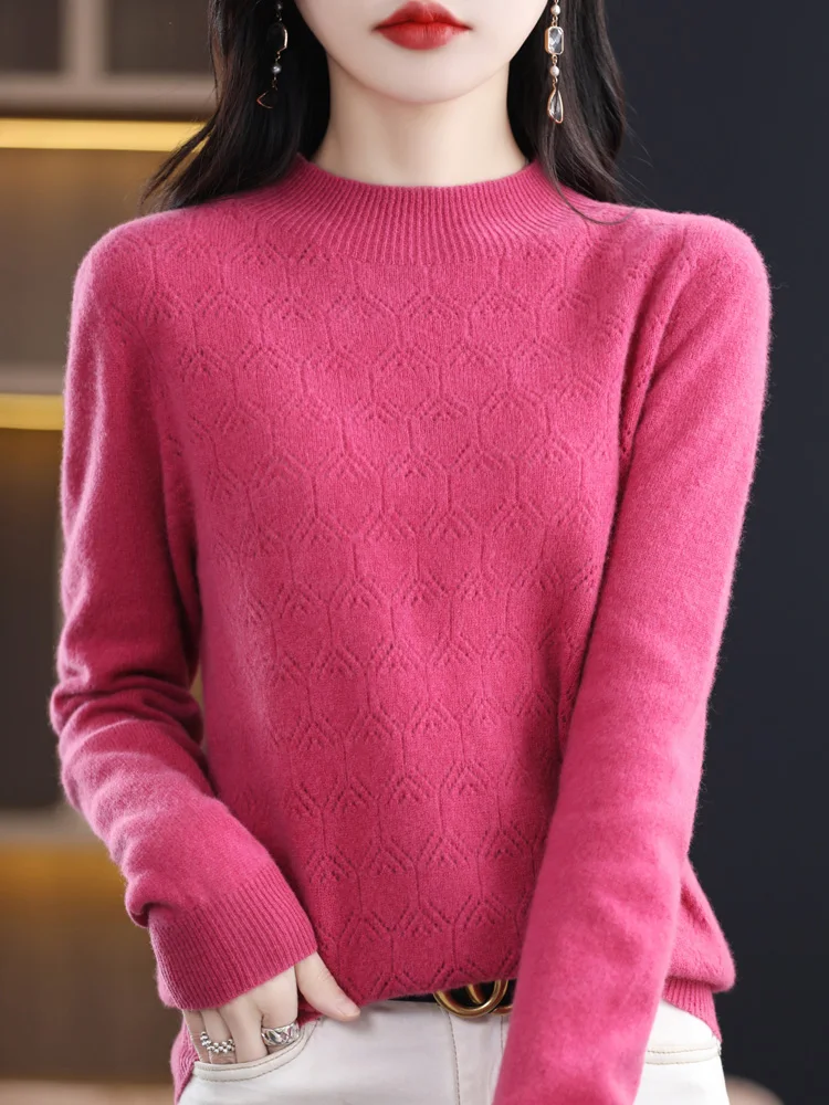 Women Autumn Sweater 100% Merino Wool Pullover Mock Neck Hollow Long Sleeve Cashmere Knitwear Female Clothing 2023 New Fashion