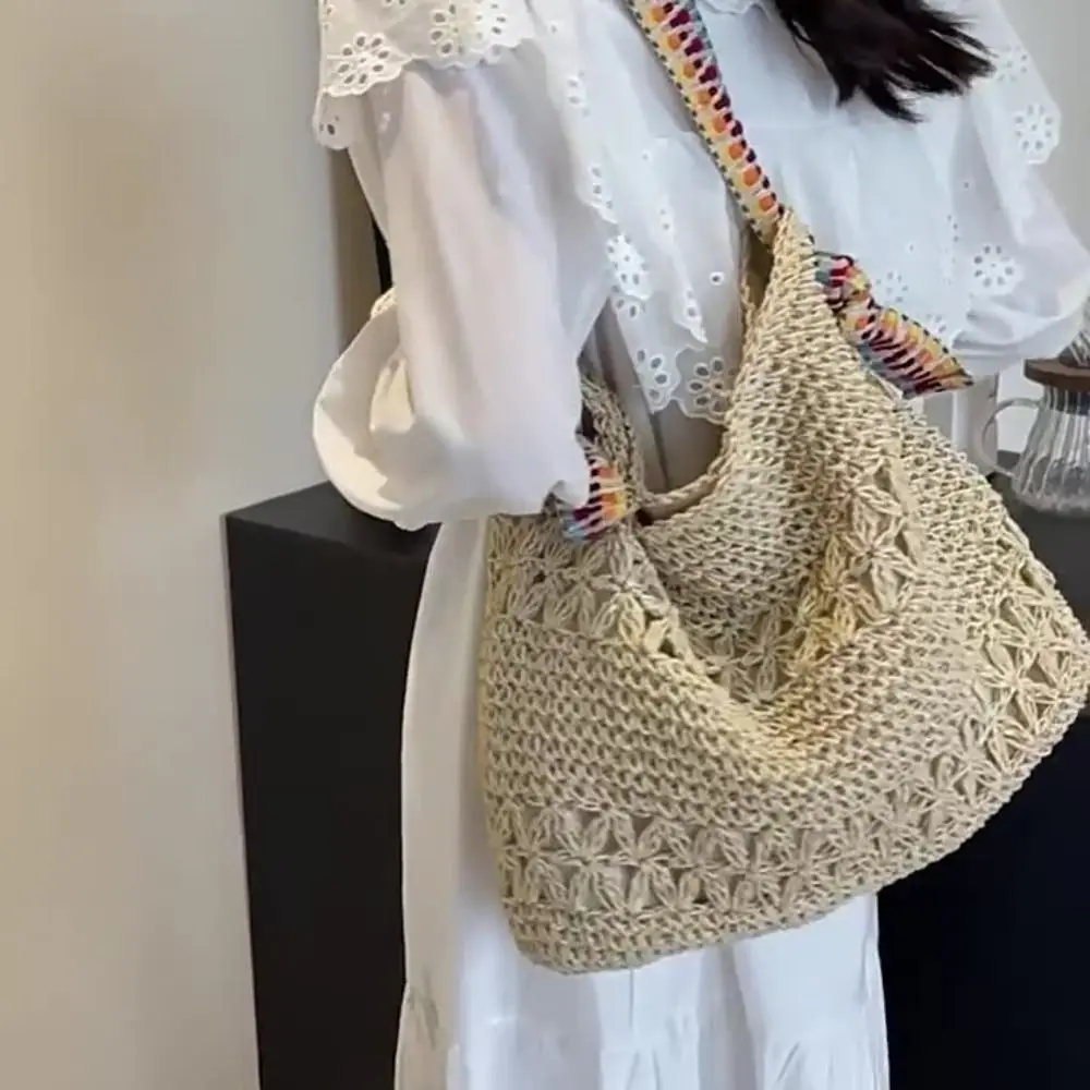 

Woven Strap Knitting Shoulder Bag Large Capacity Hollow Out Bohemian Crochet Tote Bag Versatile Solid Color Casual Woven Handbag