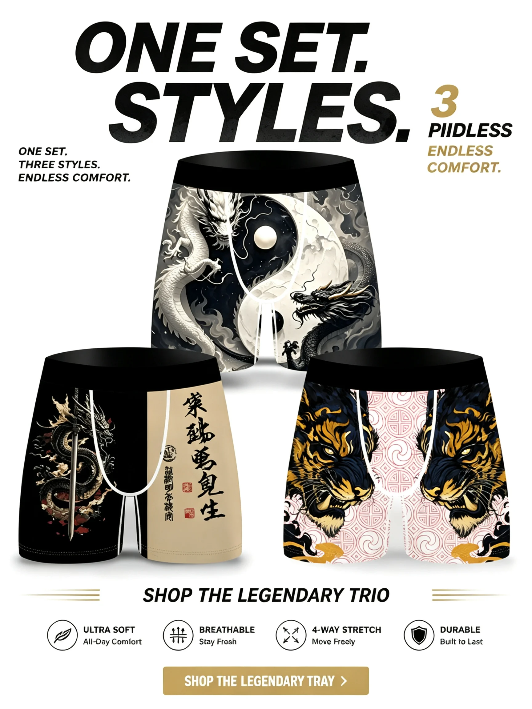 3Pcs Men Boxer Briefs Chinese Dragon Tiger Yin Yang Print Underwear 4-Way Stretch Breathable Soft Mens Boxer Shorts
