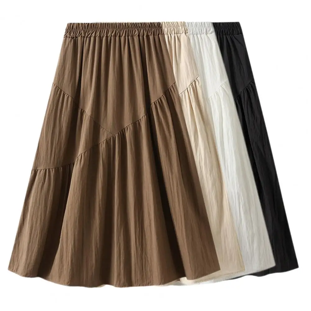 

Women Midi Skirt Elastic High Waist A-Line Skirt Solid Color Splicing Design Pleated Hem Skirt Daily Wear