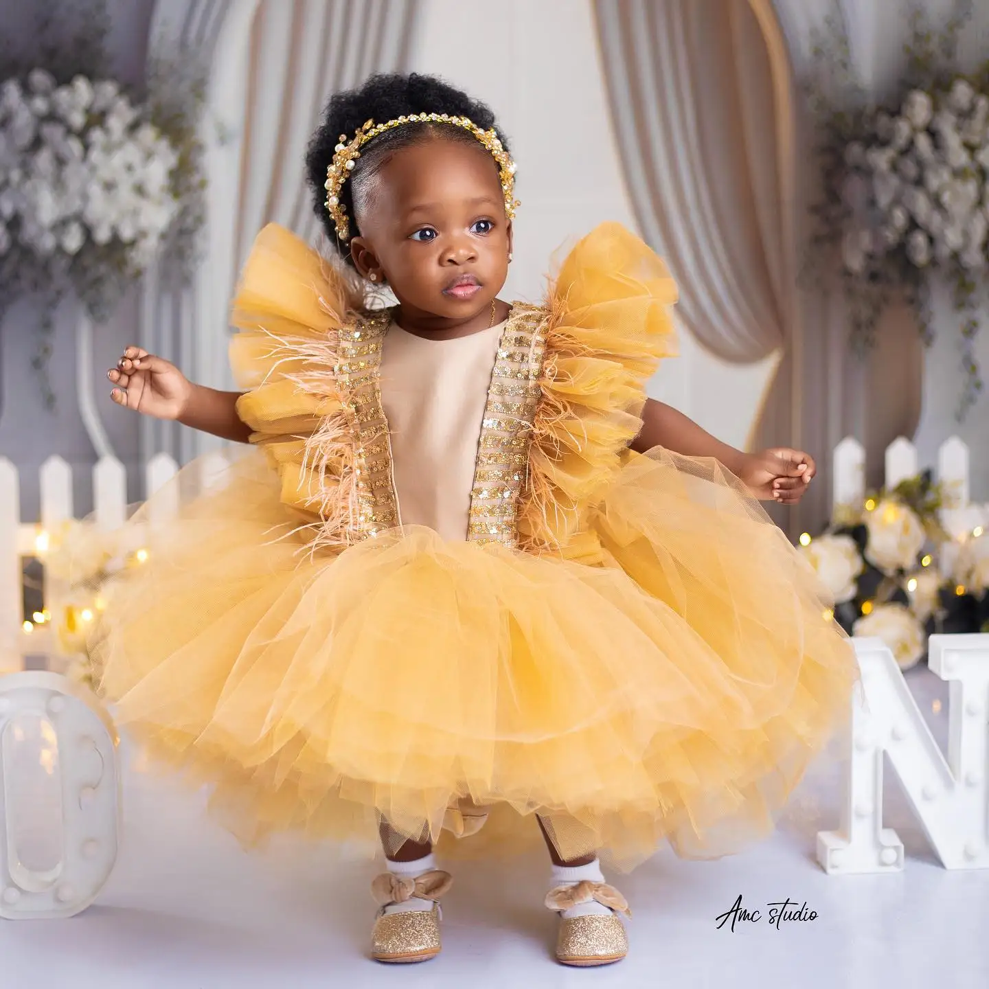 Vestido De Flor De Pena De Ouro Para Meninas, Babados, Comprimento Do Tornozelo, Vestido De Primeira Comunhão, Fotos De Aniversário, Vestidos De Tiro Para Festa