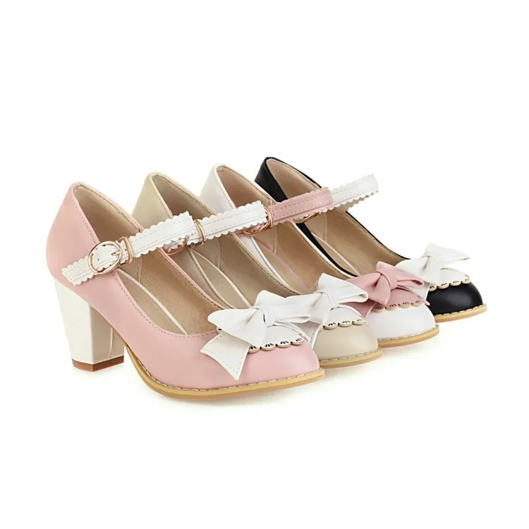 Women's Mary Jane Fashion Square Toe Easy Buckle Block High Chunky Heel Chic Bow Slip On Pumps Work Party Dress Shoes Plus Size