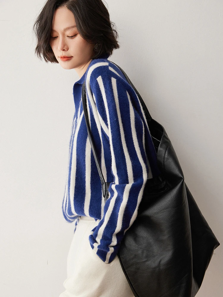 

Classic Blue White striped Women's 100% Cashmere Pullovers Polo Collar Sweater Autumn Winter Loose Simple Long Sleeve Knitwear